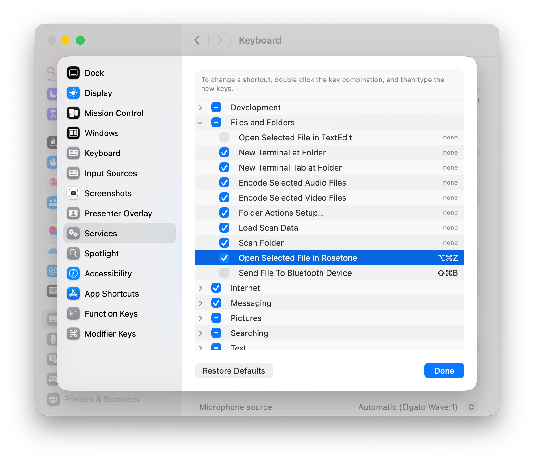The Services list in System Settings with “Open Selected File in Rosetone” selected